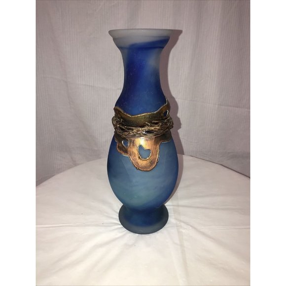 Handmade Art Glass Vase Coated Metal Blue - Picture 1 of 9